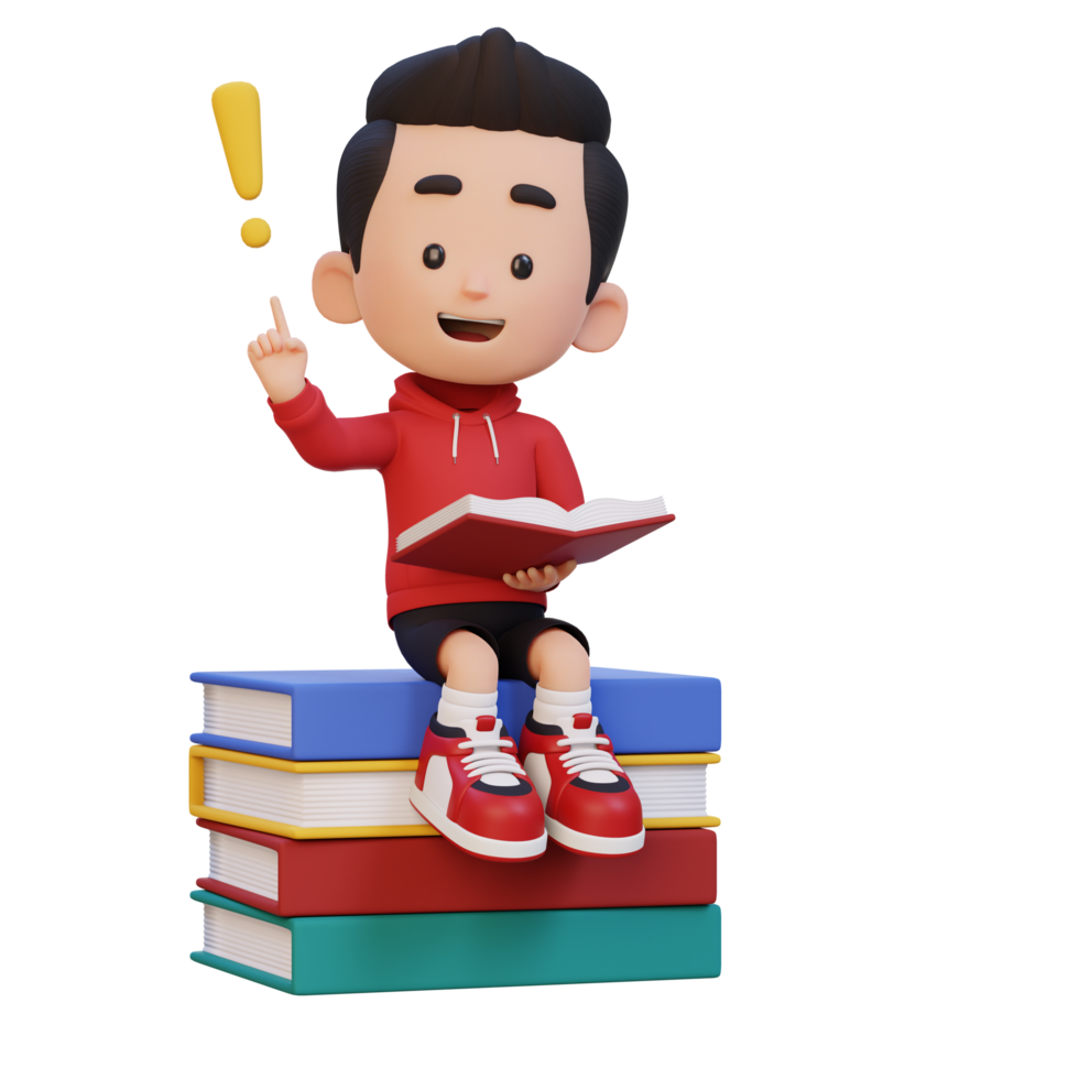 3D kid character get an idea when reading a book png