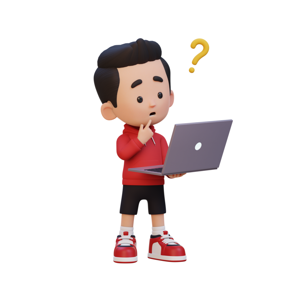 3D cute kid character confused on a laptop png
