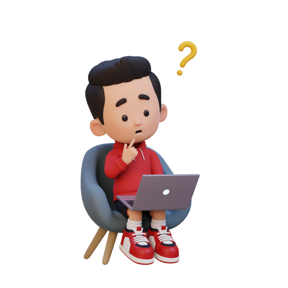 3D cute kid character confused on a laptop png