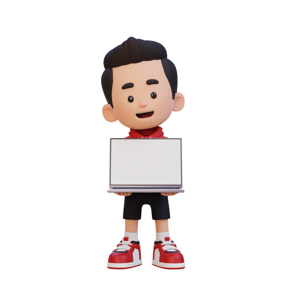 3D kid Character Holding and Presenting to a Laptop with Empty Screen png