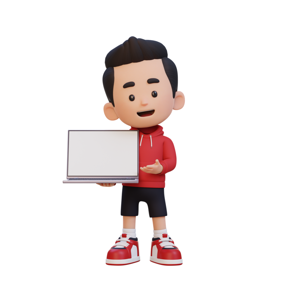 3D kid Character Holding and Presenting to a Laptop with Empty Screen png