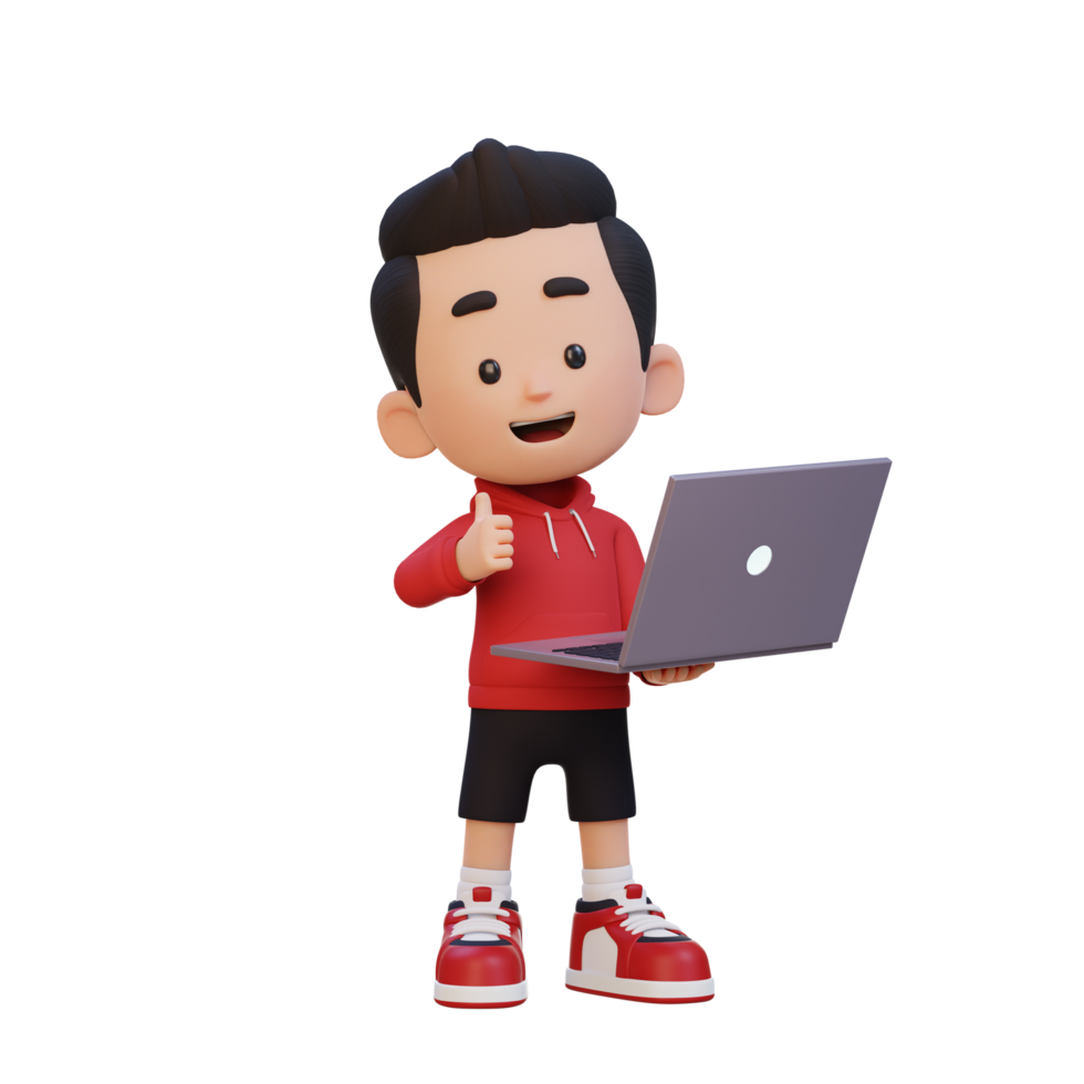 3D cute kid character give a thumb up while holding a laptop png