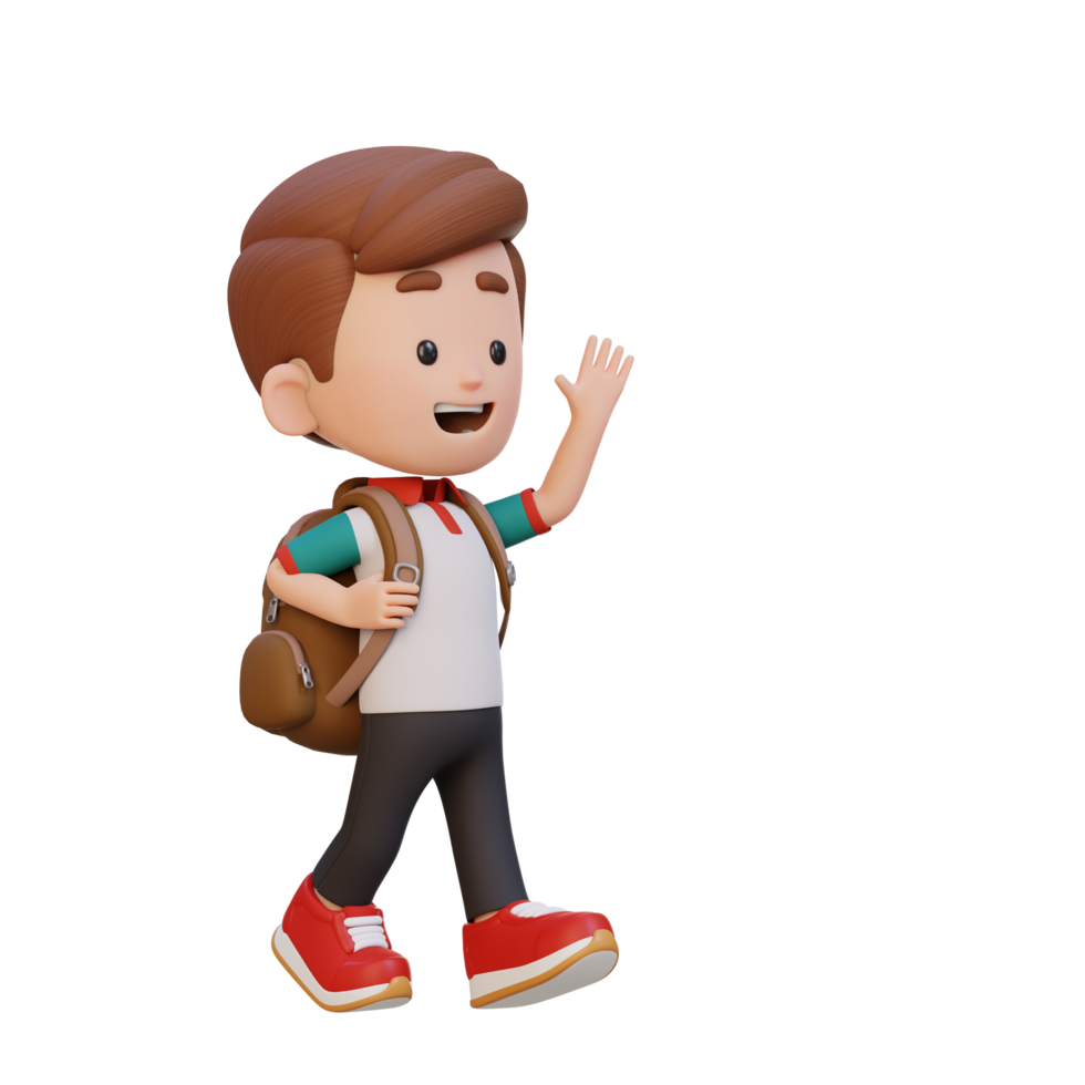 3D happy kid character walking and waving hand png