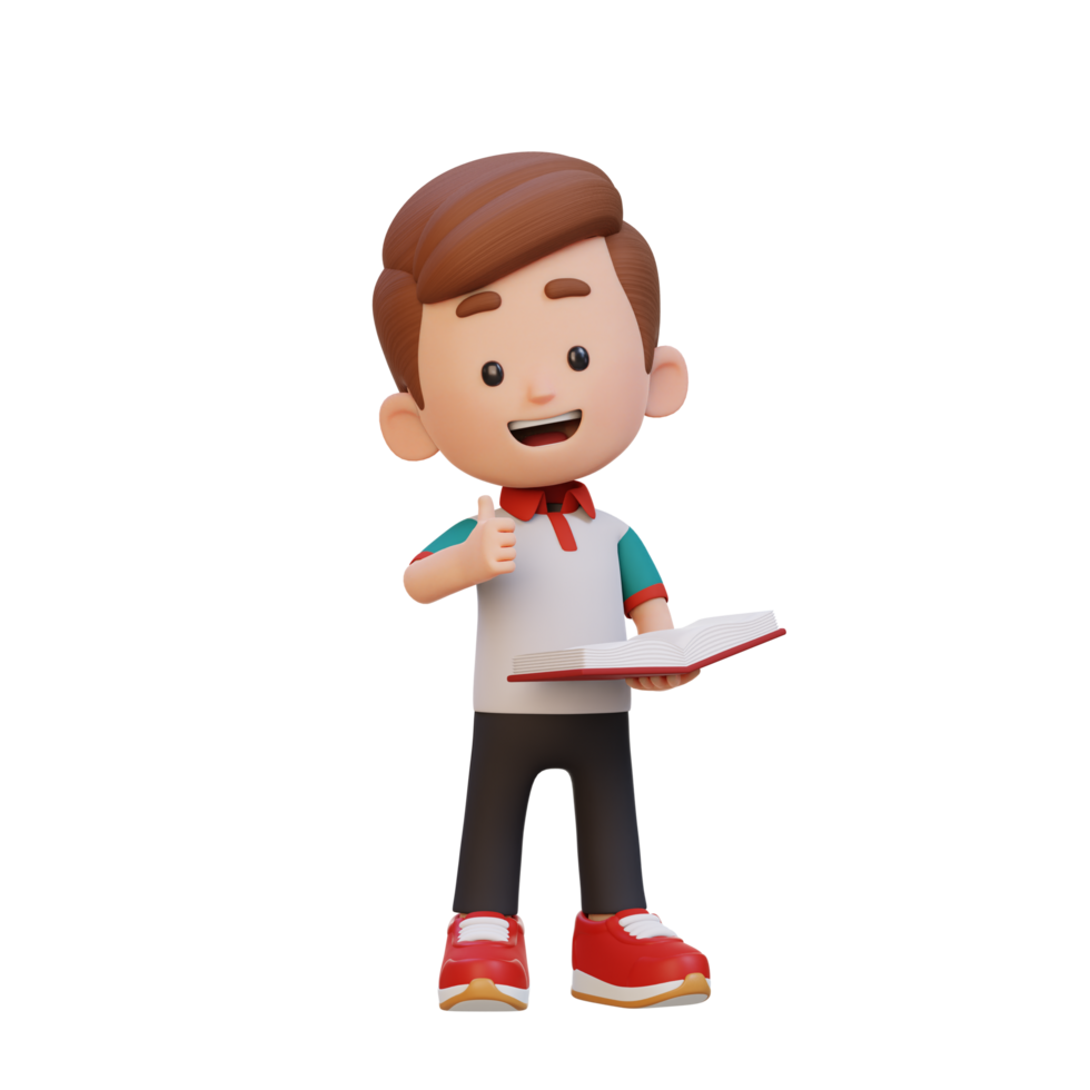 3D happy kid character reading book png