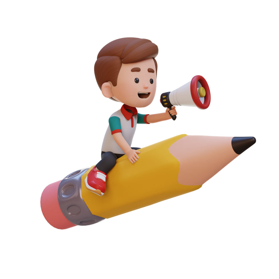 3D kid character riding a pencil and holding megaphone png
