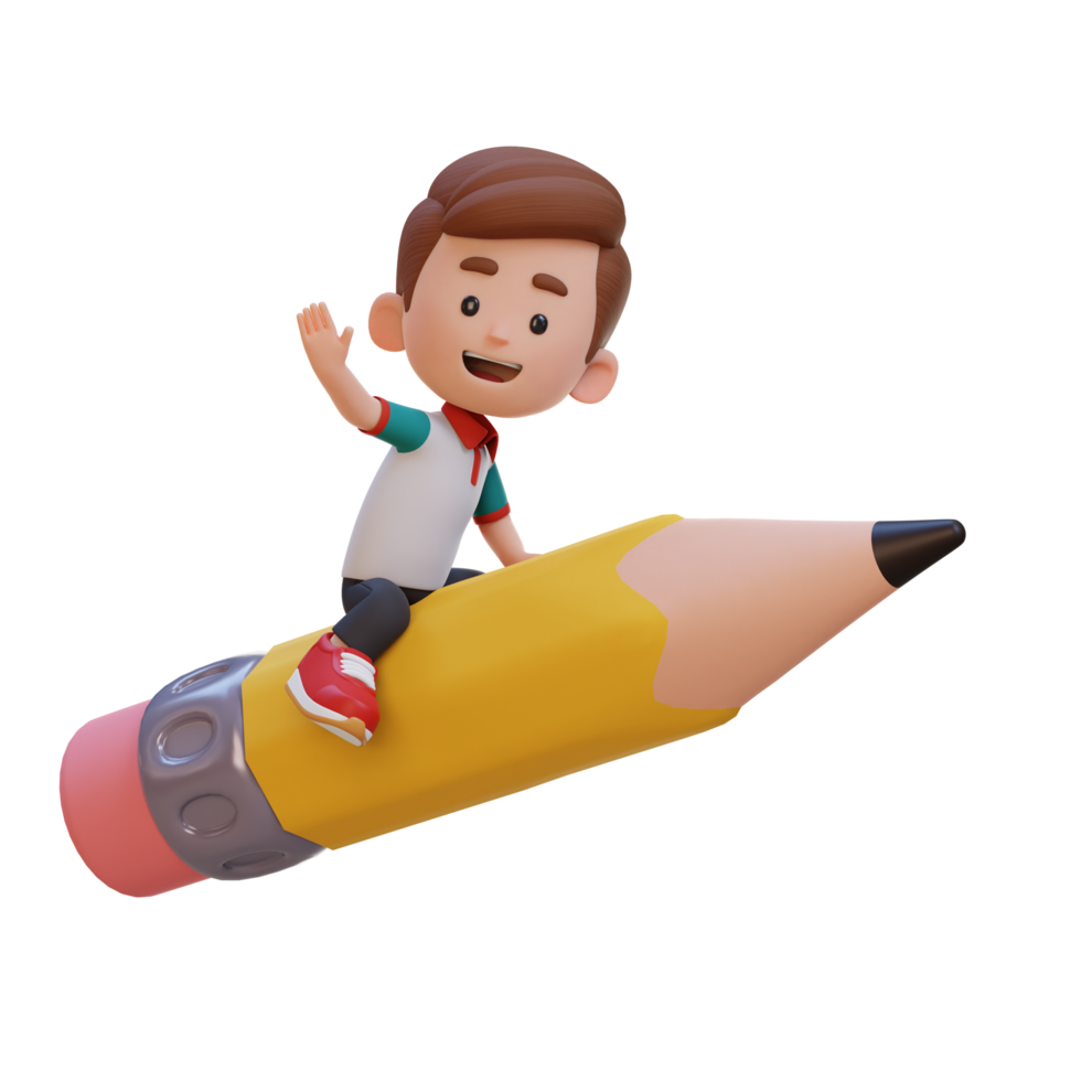 3D kid character riding a pencil and waving hand png