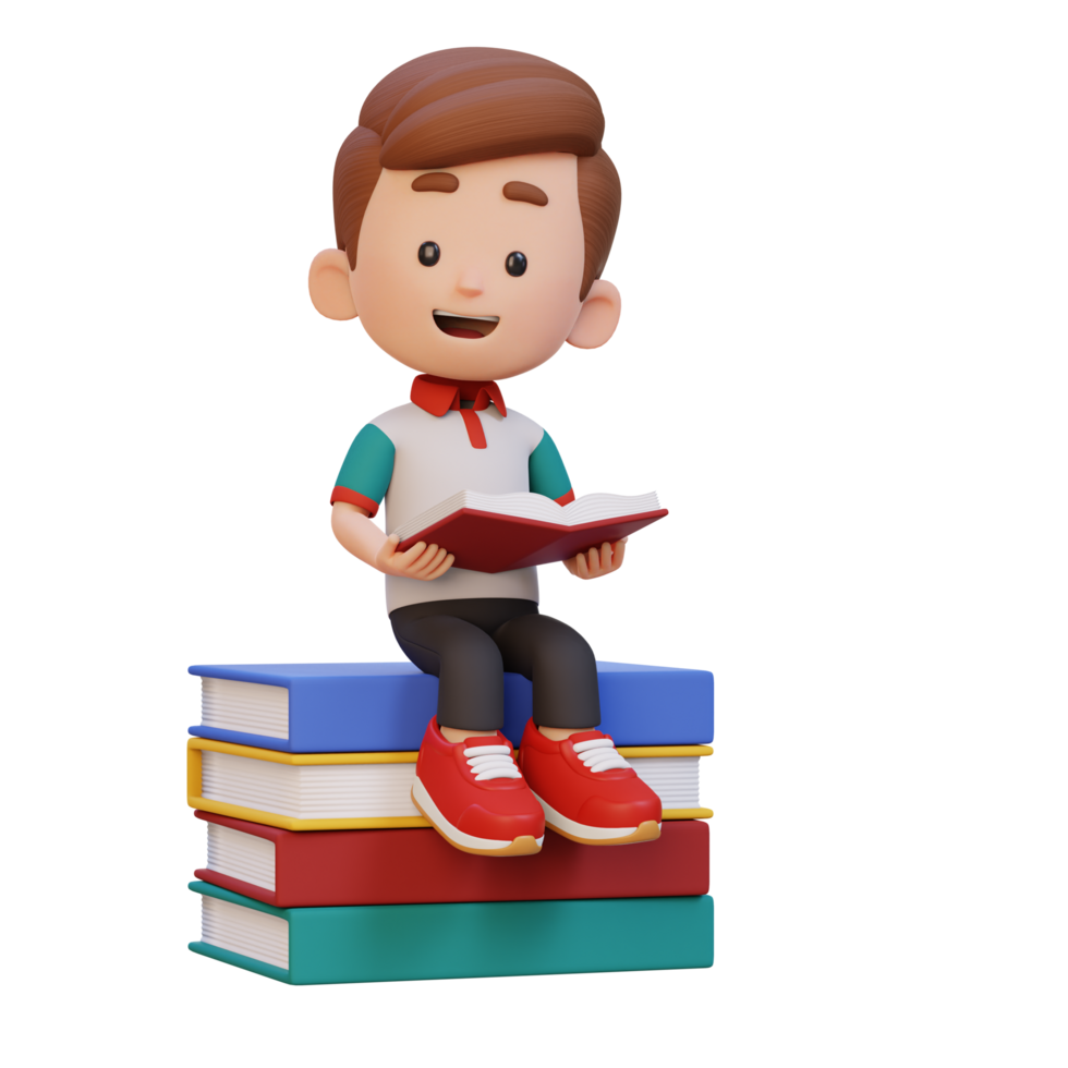 3D happy kid character reading book png