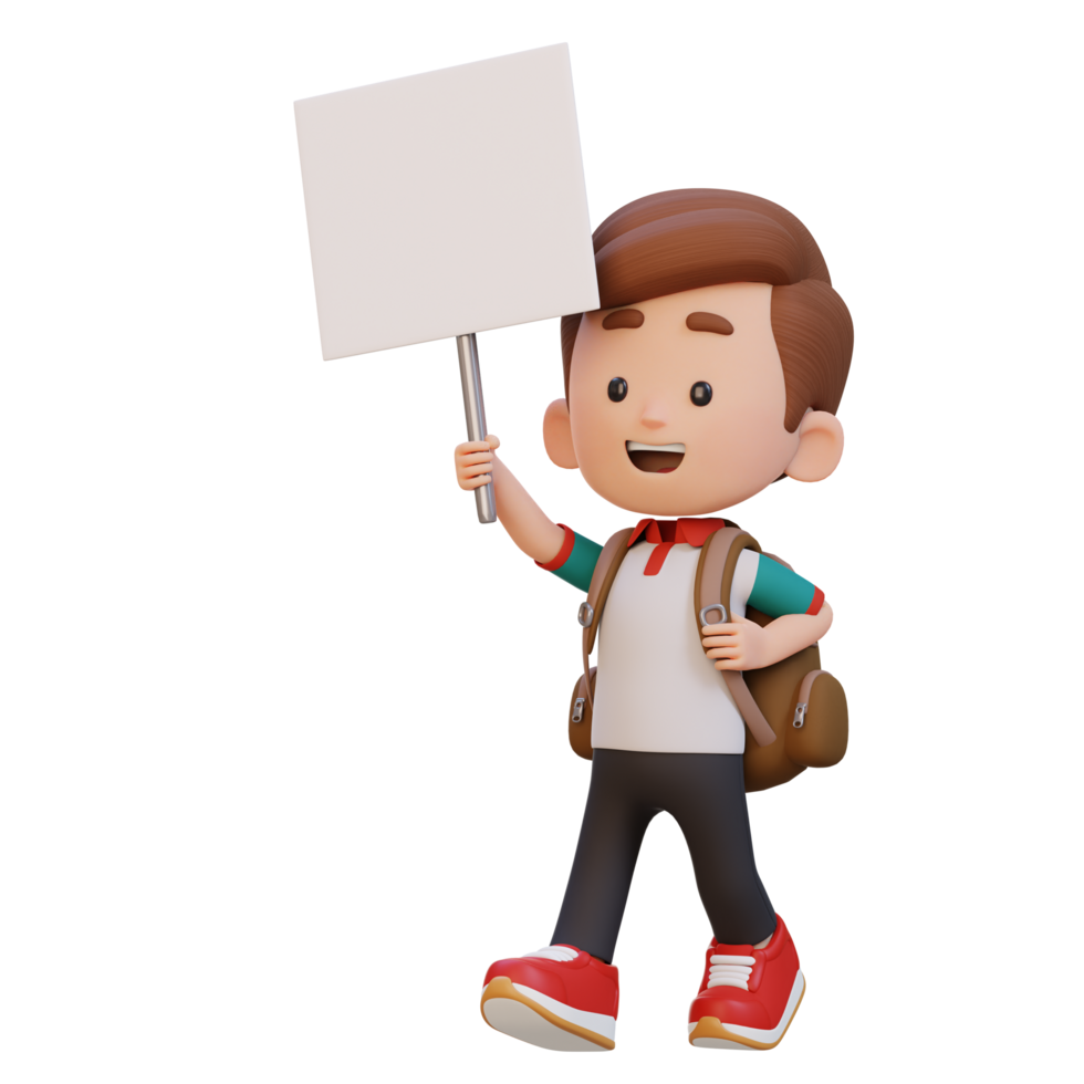 3D kid character holding a blank placard png