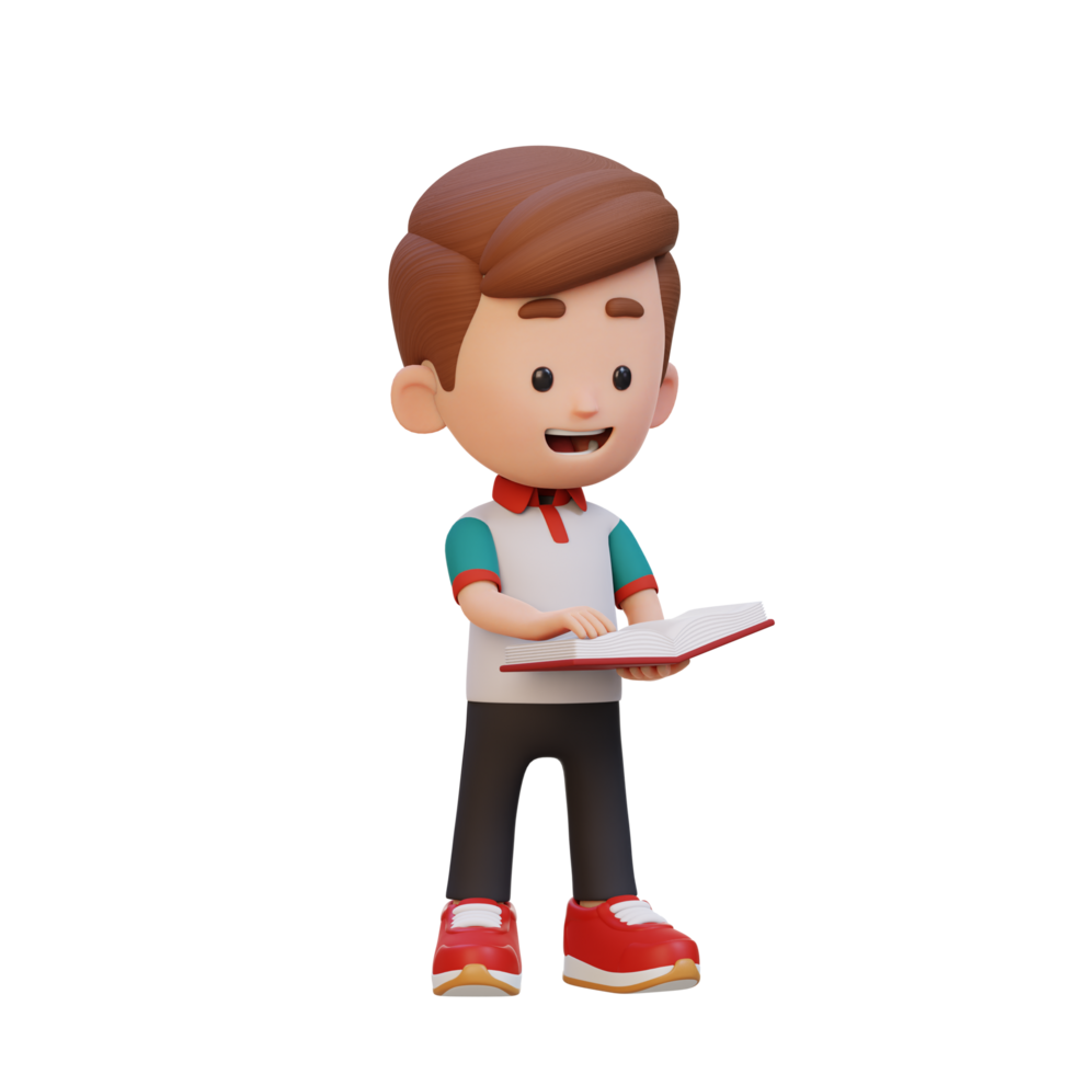 3D happy kid character reading book png