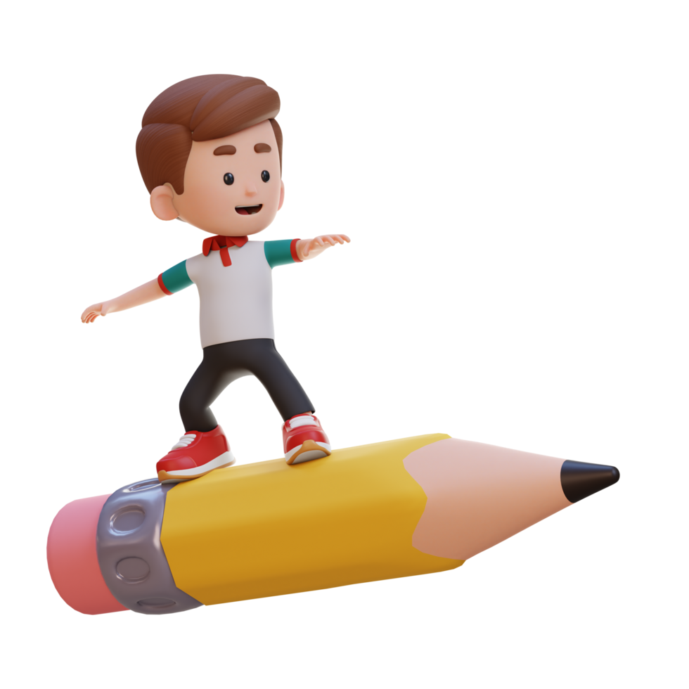 3D kid character standing riding a pencil png