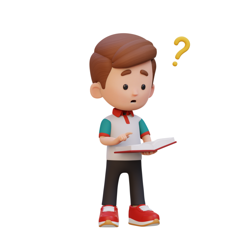 3D kid character get confused when reading a book png