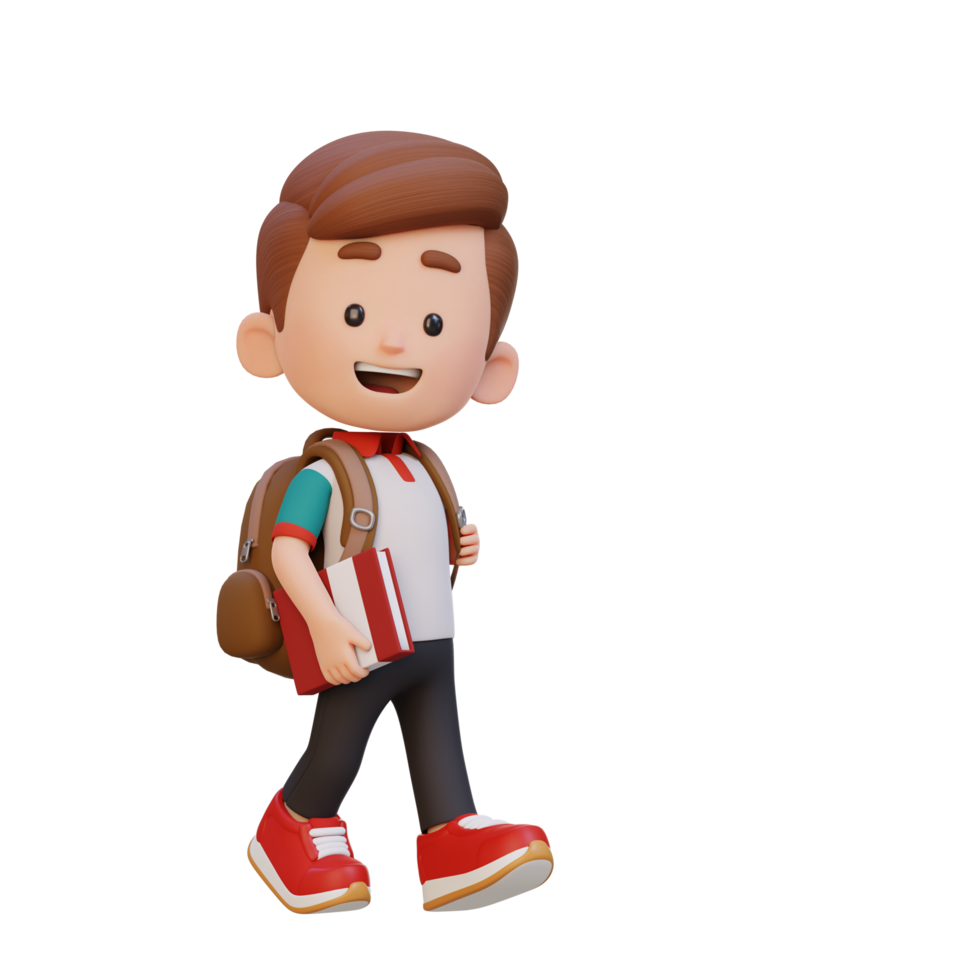 3D happy kid character walking go to school holding book png