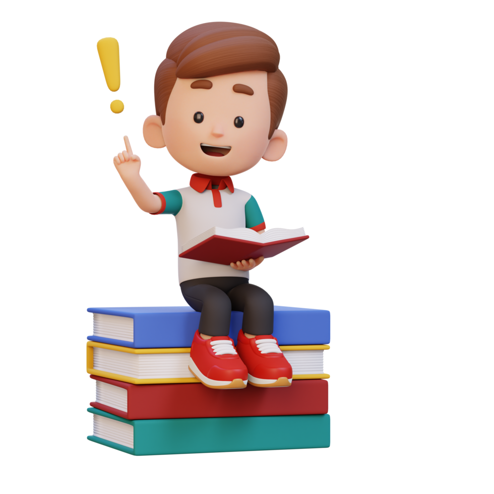 3D kid character get an idea when reading a book png