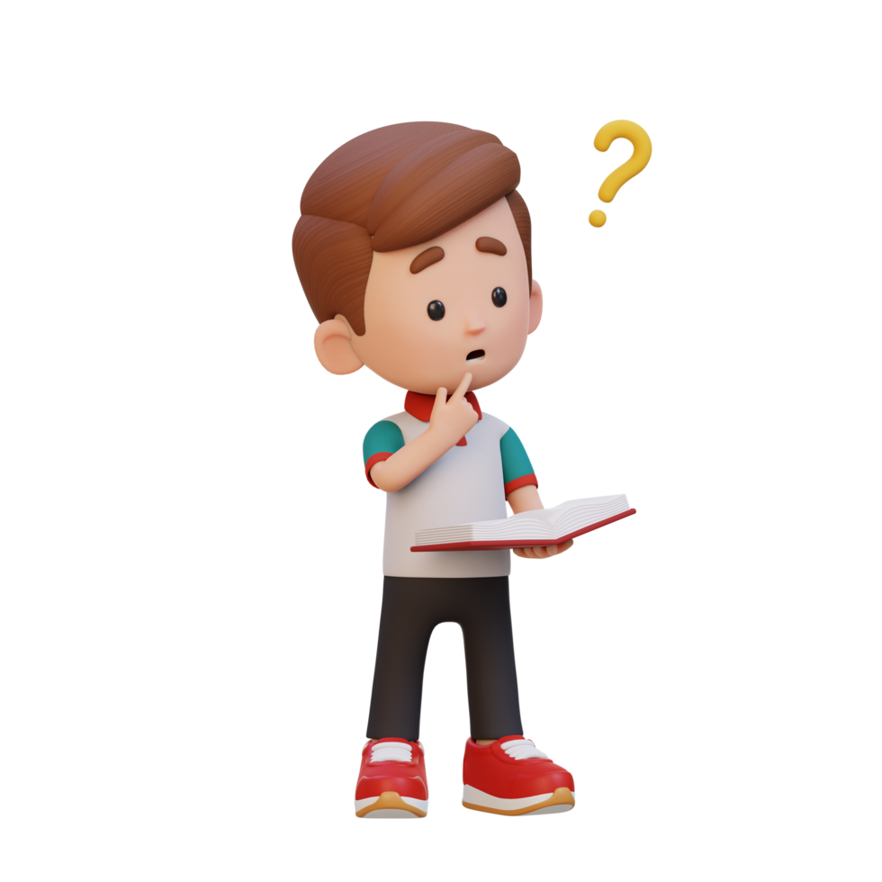 3D kid character get confused when reading a book png
