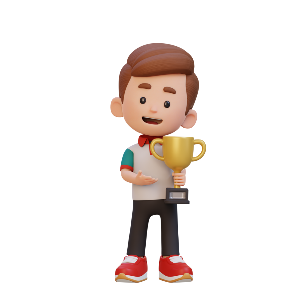 3D kid character celebrating win holding a trophy png