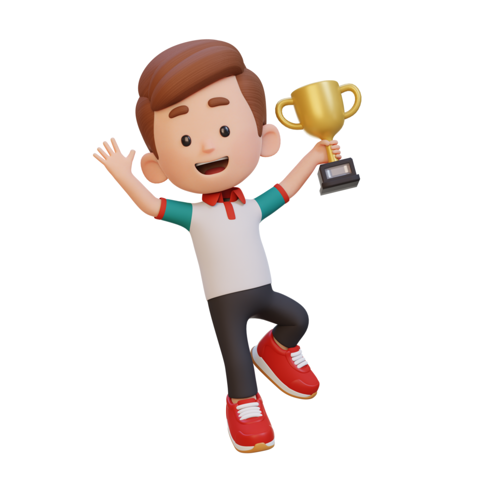 3d criança personagem a comemorar ganhar segurando uma troféu png