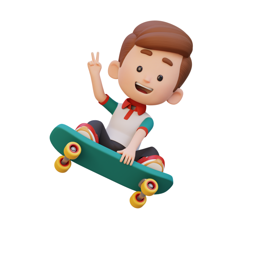3D kid character ride skateboard png