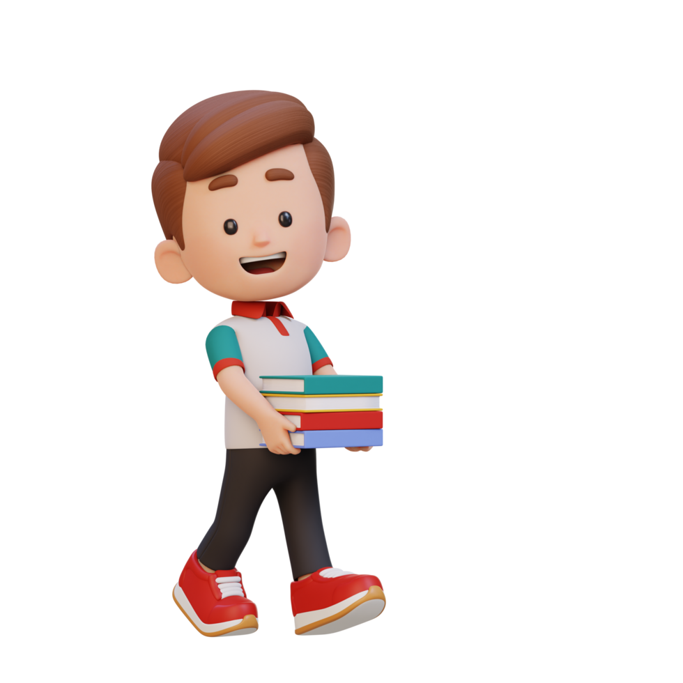 3D happy kid character holding book png