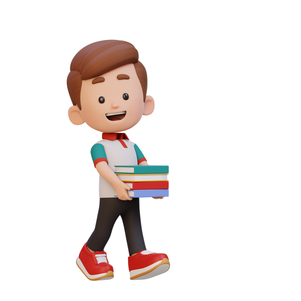 3D happy kid character holding book png