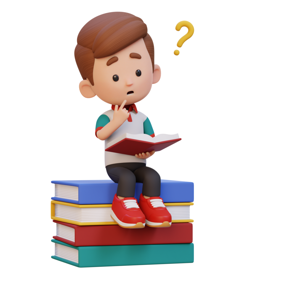 3d enfant personnage avoir confus lorsque en train de lire une livre png