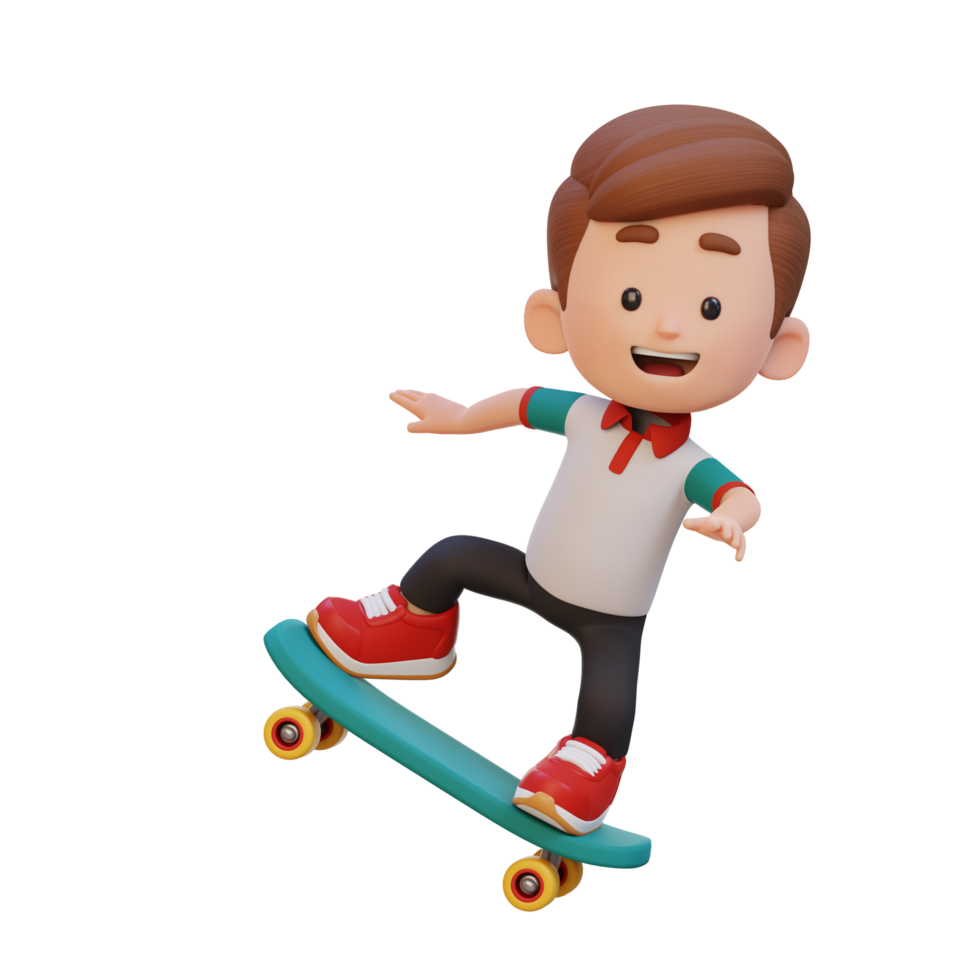 3D kid character ride skateboard png