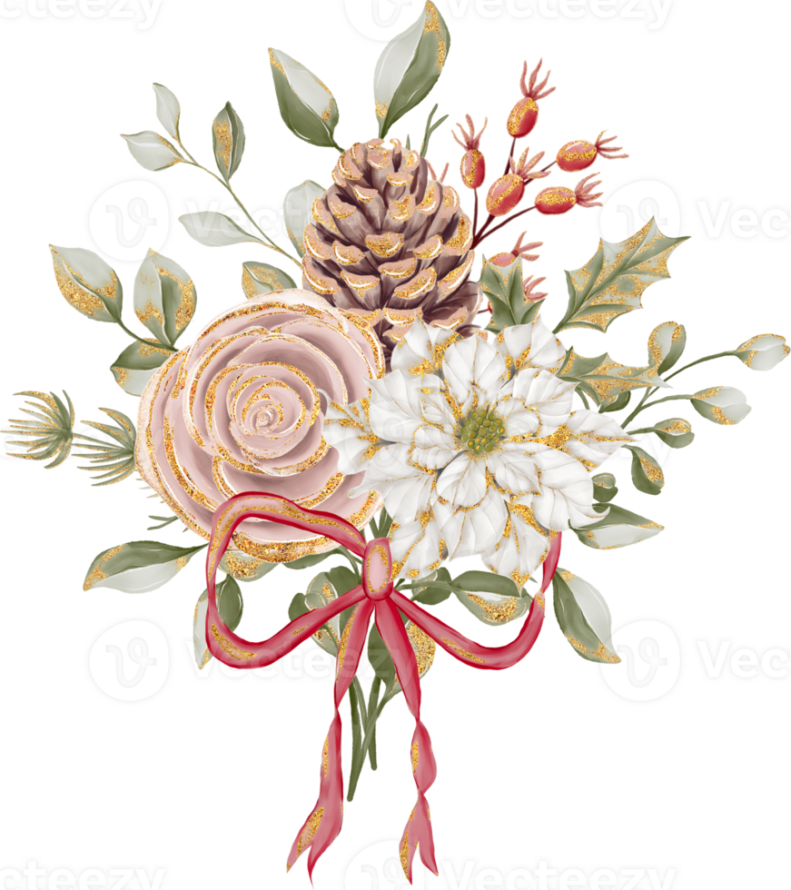 Flower bouquet with flowers Christmas, Christmas Flower bouquet decoration with poinsettia and rose gold png