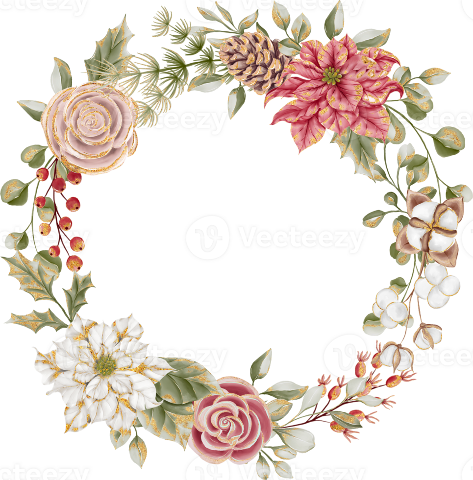 Flower Wreath with flowers Christmas, Christmas Flower Frame background with poinsettia and rose gold png