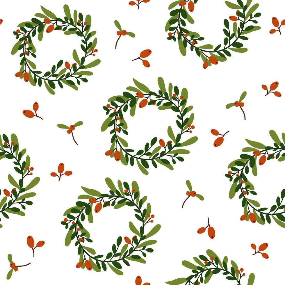 Christmas wreath seamless pattern. Fir branches, with red berries. Modern design for Holidays invitation card, poster, banner, greeting card, postcard, packaging, print. Christmas holiday vector