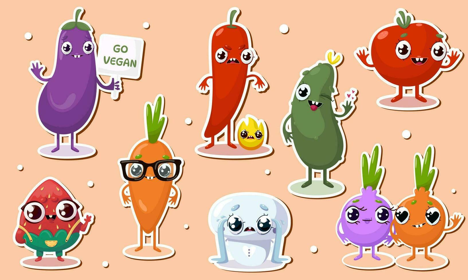 Vector illustration of veggie character stickers with various cute expression, cool, funny, set of veggie isolated