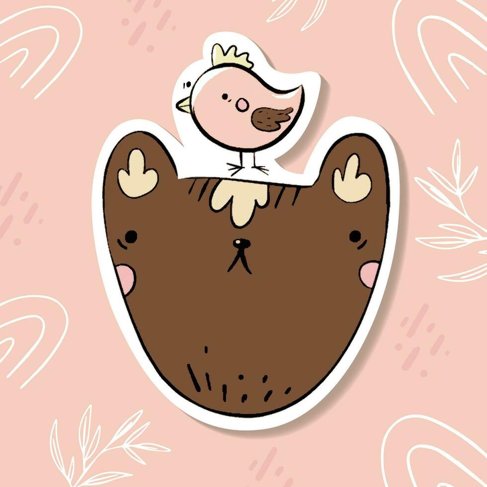 Cute bear sticker. Cartoon animal character vector