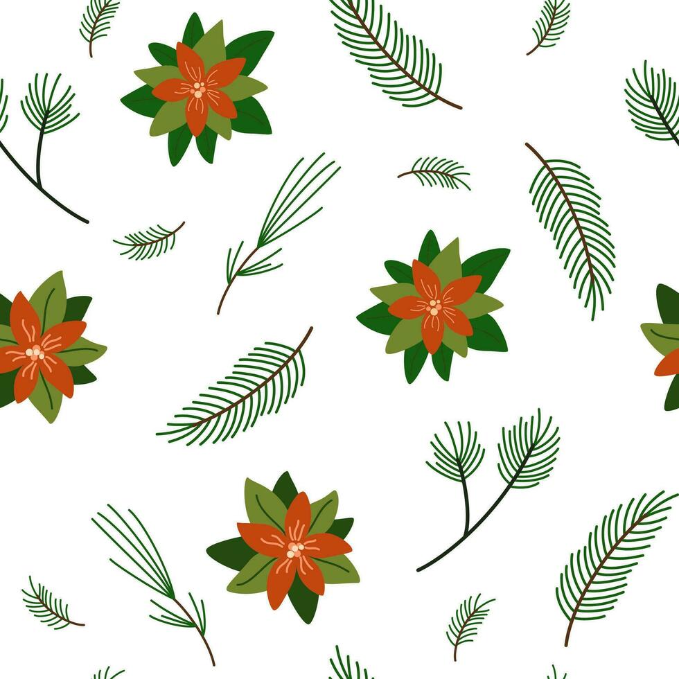 Fir tree branch with poinsettia flower seamless pattern. Spruce twig, conifer plant with green needles, wood cone. Winter seasonal coniferous sprig. Christmas holiday background. Vector illustration