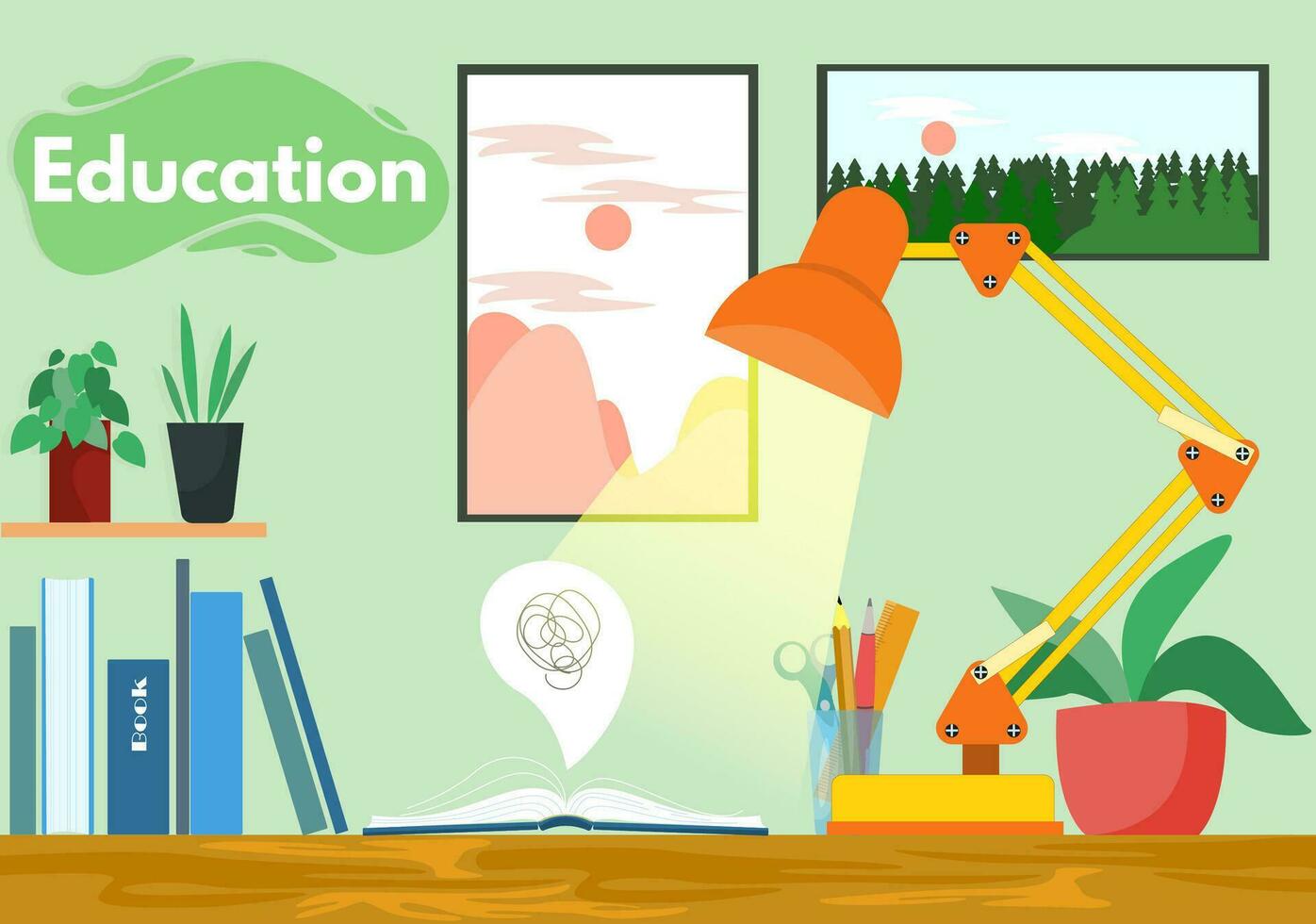 Workplace, open book, cozy paintings and plants on green background, study and books, education time. Homework, interior closeup view. Vector illustration