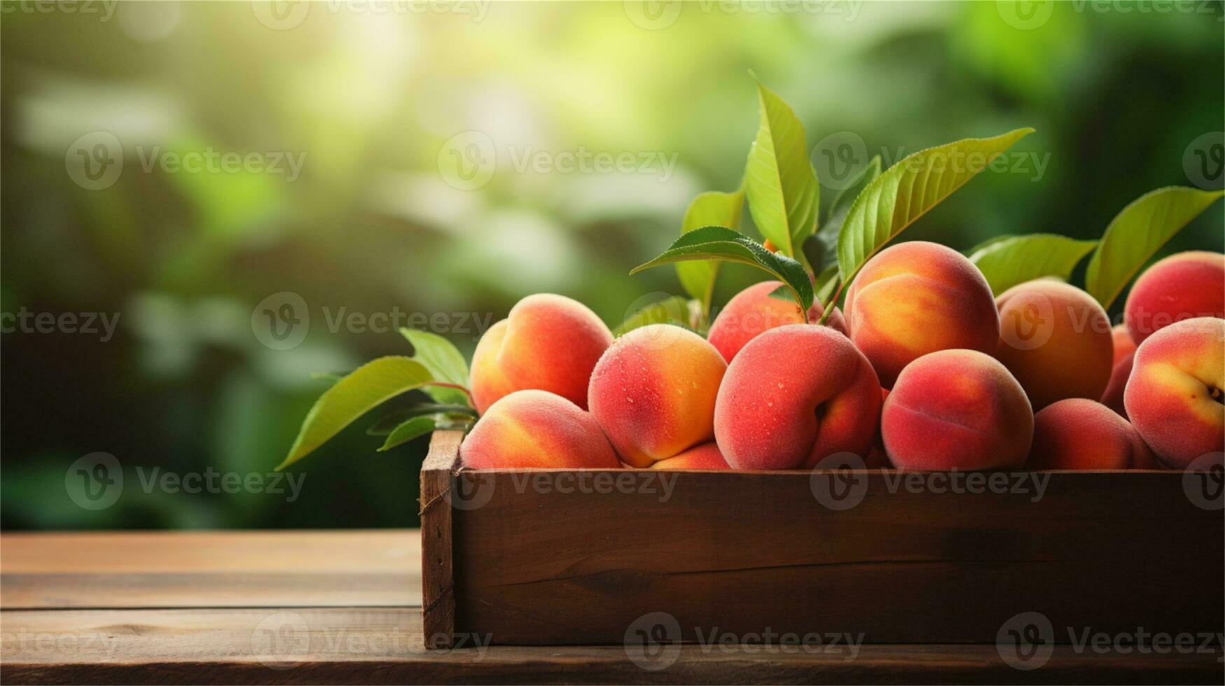 fresh peaches in a wooden box on a table AI Generative photo