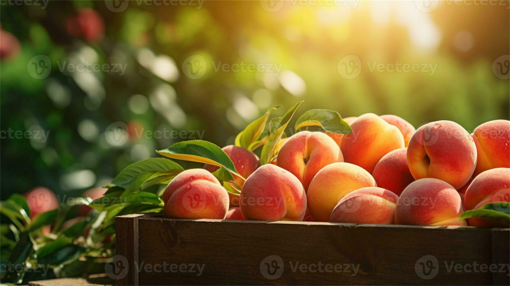 fresh peaches in a wooden box on a table AI Generative photo