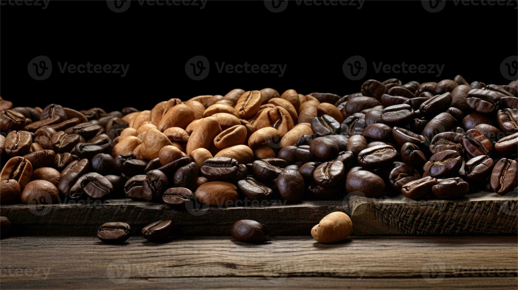 a pile of coffee beans sitting on top of a wooden table AI Generated photo