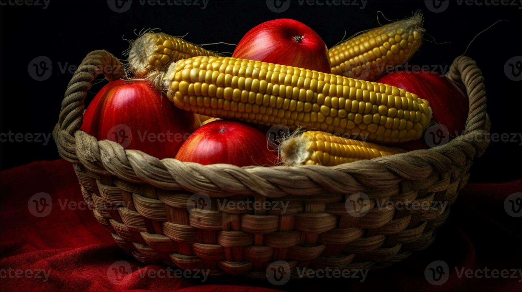 a basket filled with corn and tomatoes AI Generated photo
