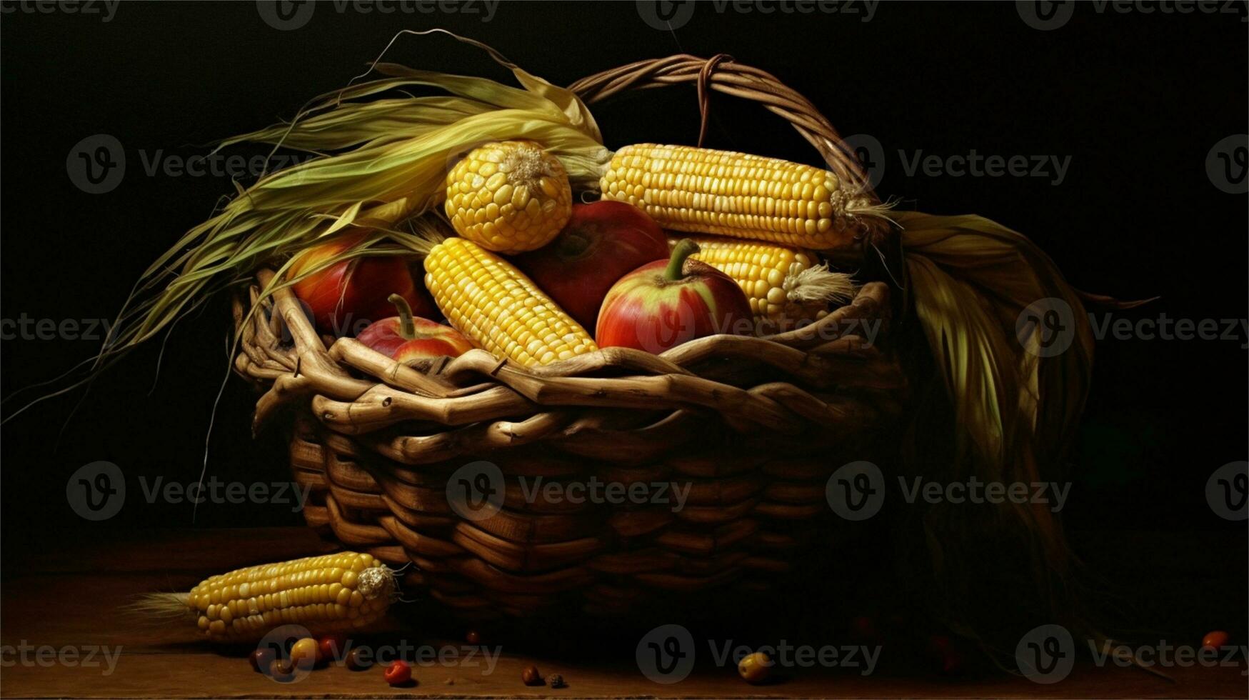 a basket filled with corn and tomatoes AI Generated photo
