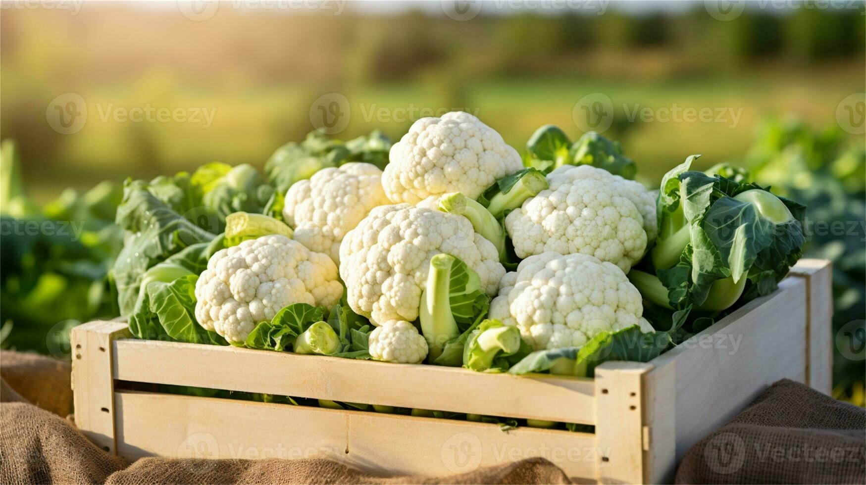 cauliflower in a wooden crate on a table AI Generative photo