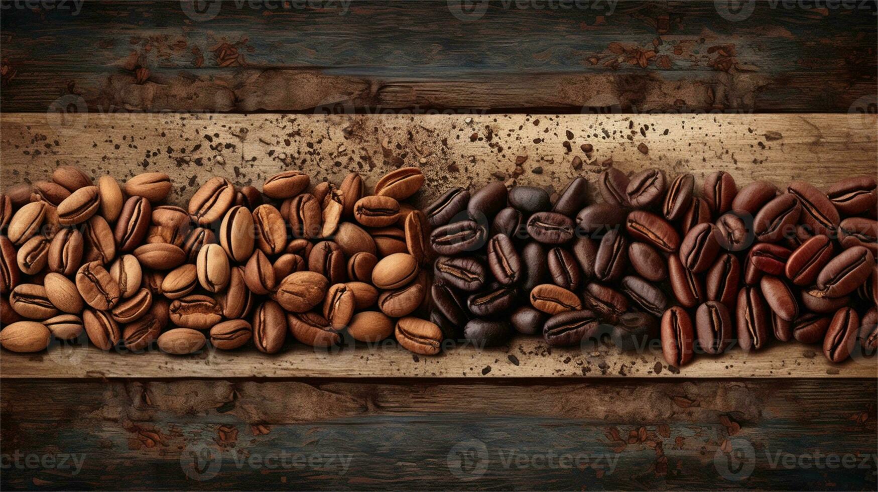 a pile of coffee beans sitting on top of a wooden table AI Generated photo