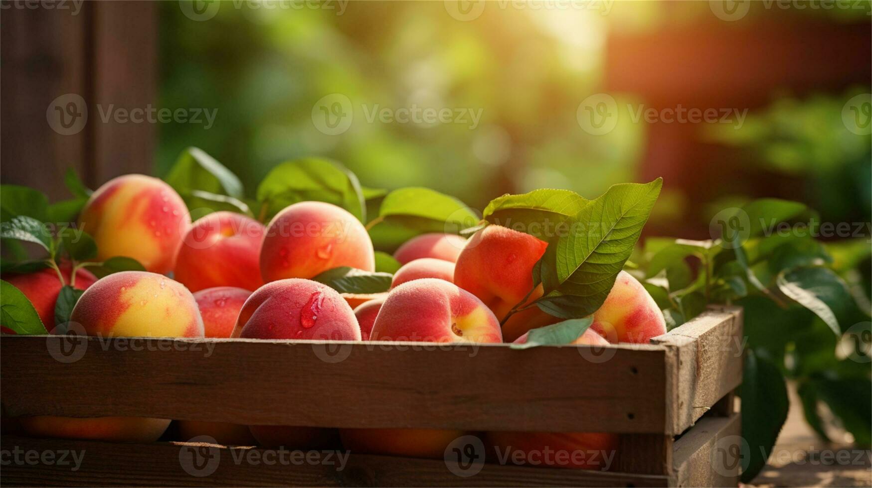 fresh peaches in a wooden box on a table AI Generative photo