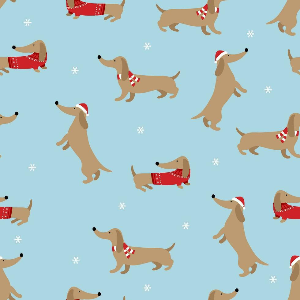 Cute dachshund in a sweater, hat and scarf. New Year's Christmas seamless print vector