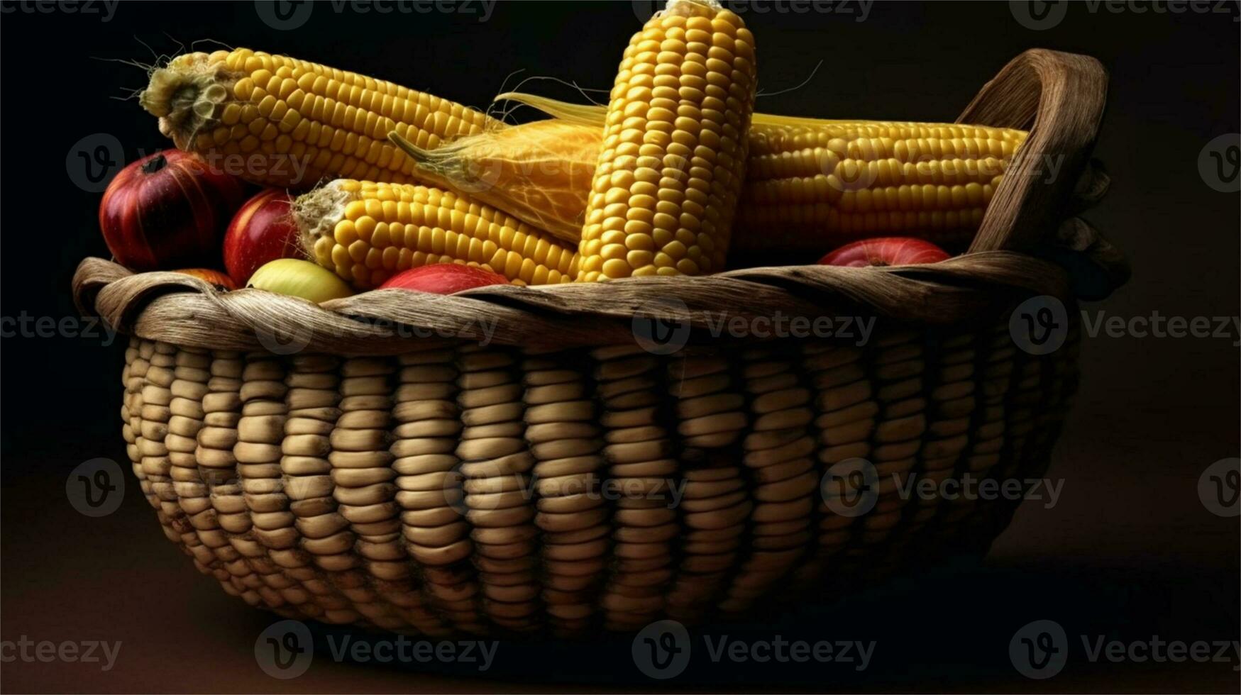 a basket filled with corn and tomatoes AI Generated photo