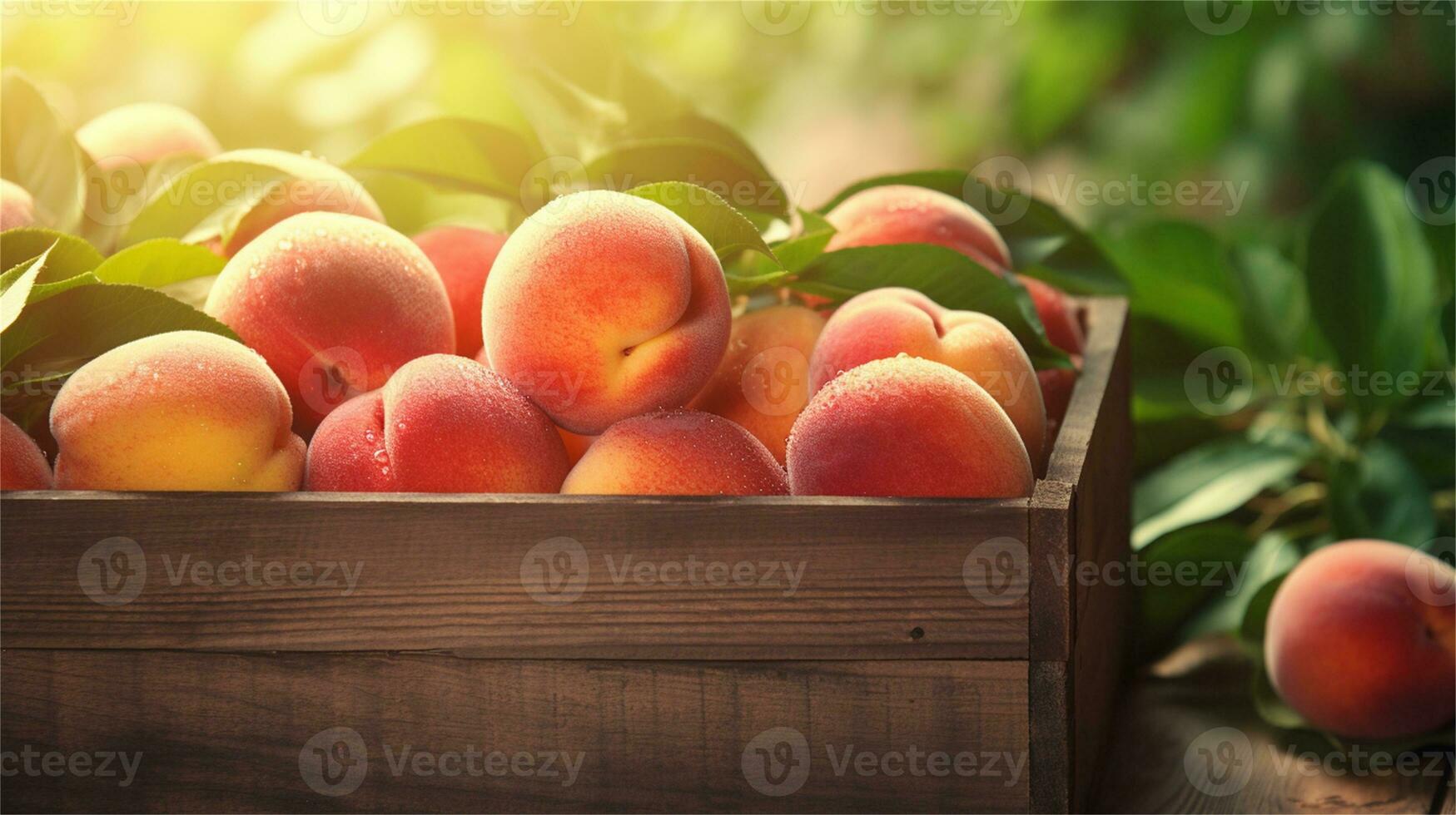 fresh peaches in a wooden box on a table AI Generative photo