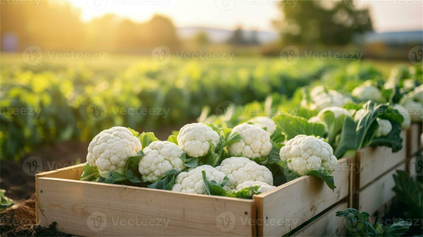 cauliflower in a wooden crate on a table AI Generative photo