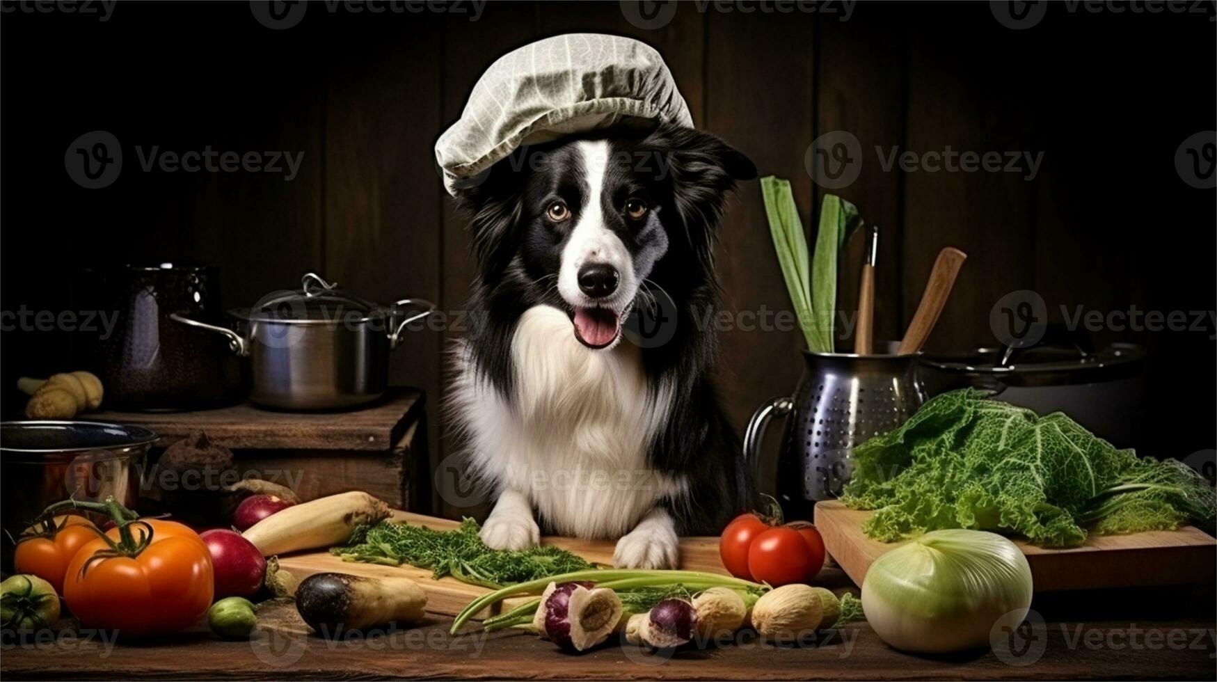 a black and white dog wearing a chef's hat surrounded by vegetables AI Generated photo