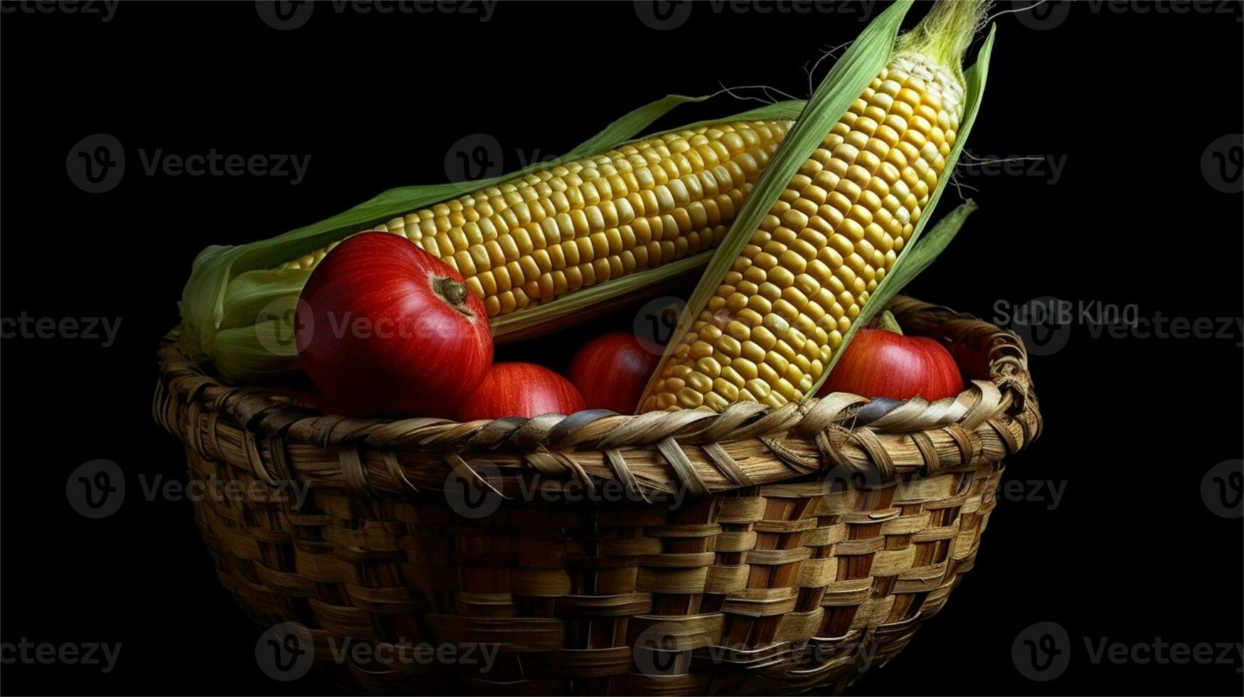 a basket filled with corn and tomatoes AI Generated photo