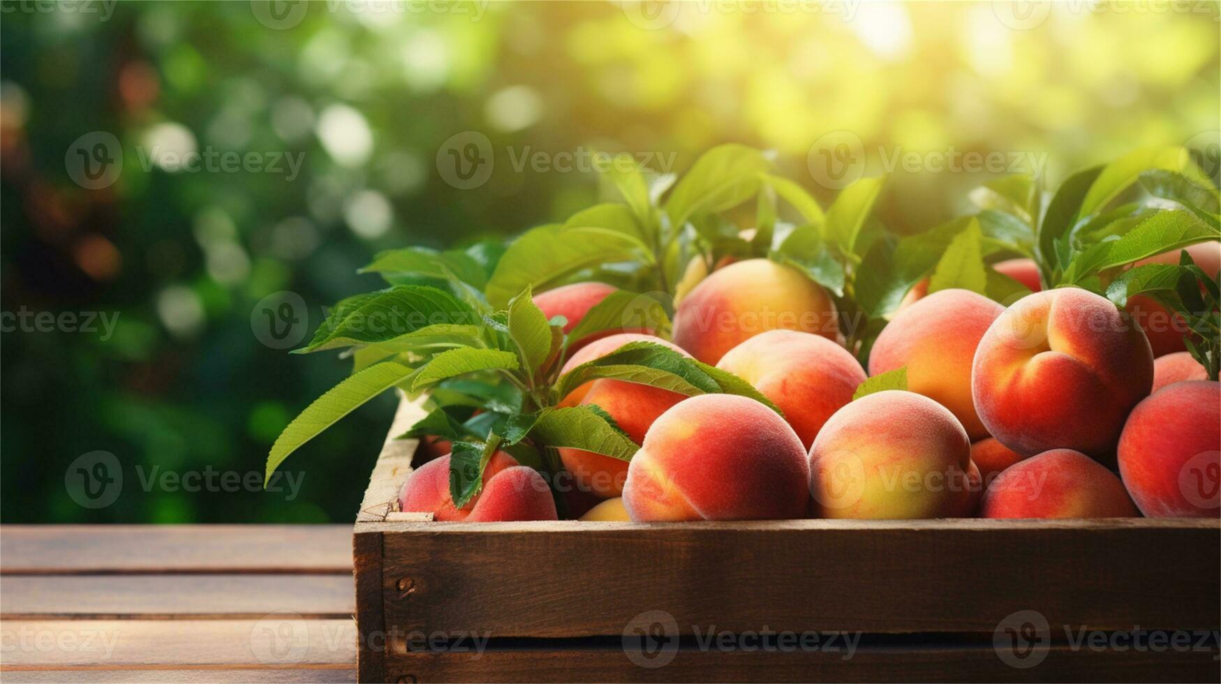 fresh peaches in a wooden box on a table AI Generative photo