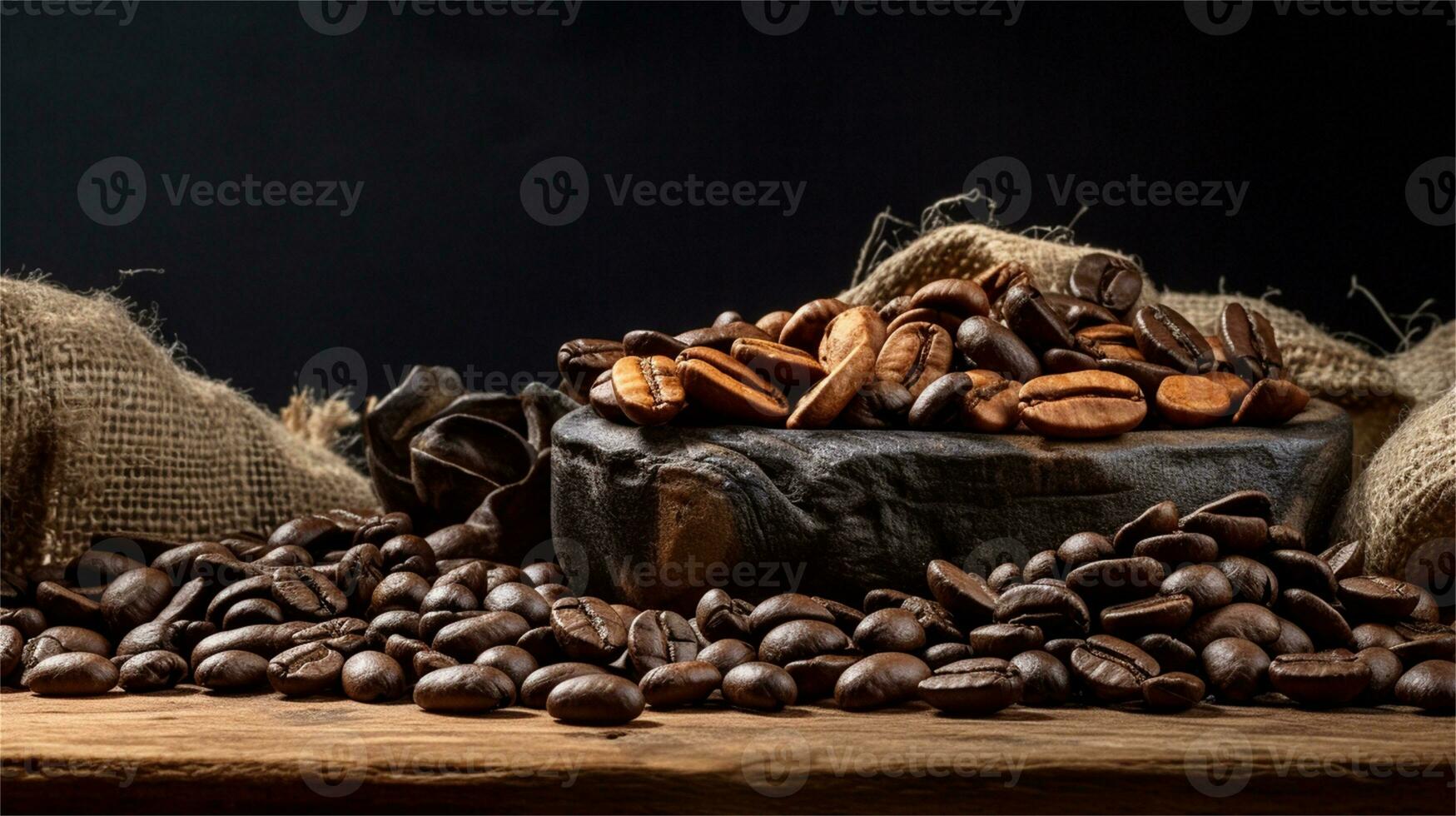 a pile of coffee beans sitting on top of a wooden table AI Generated photo