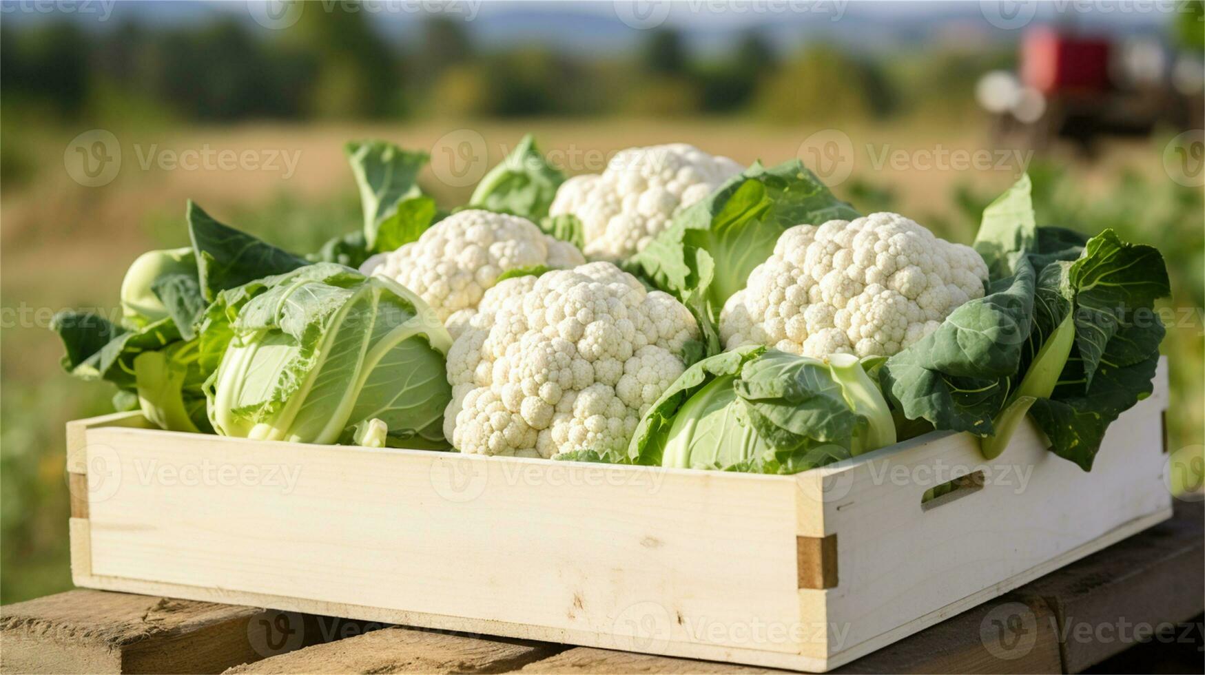 cauliflower in a wooden crate on a table AI Generative photo