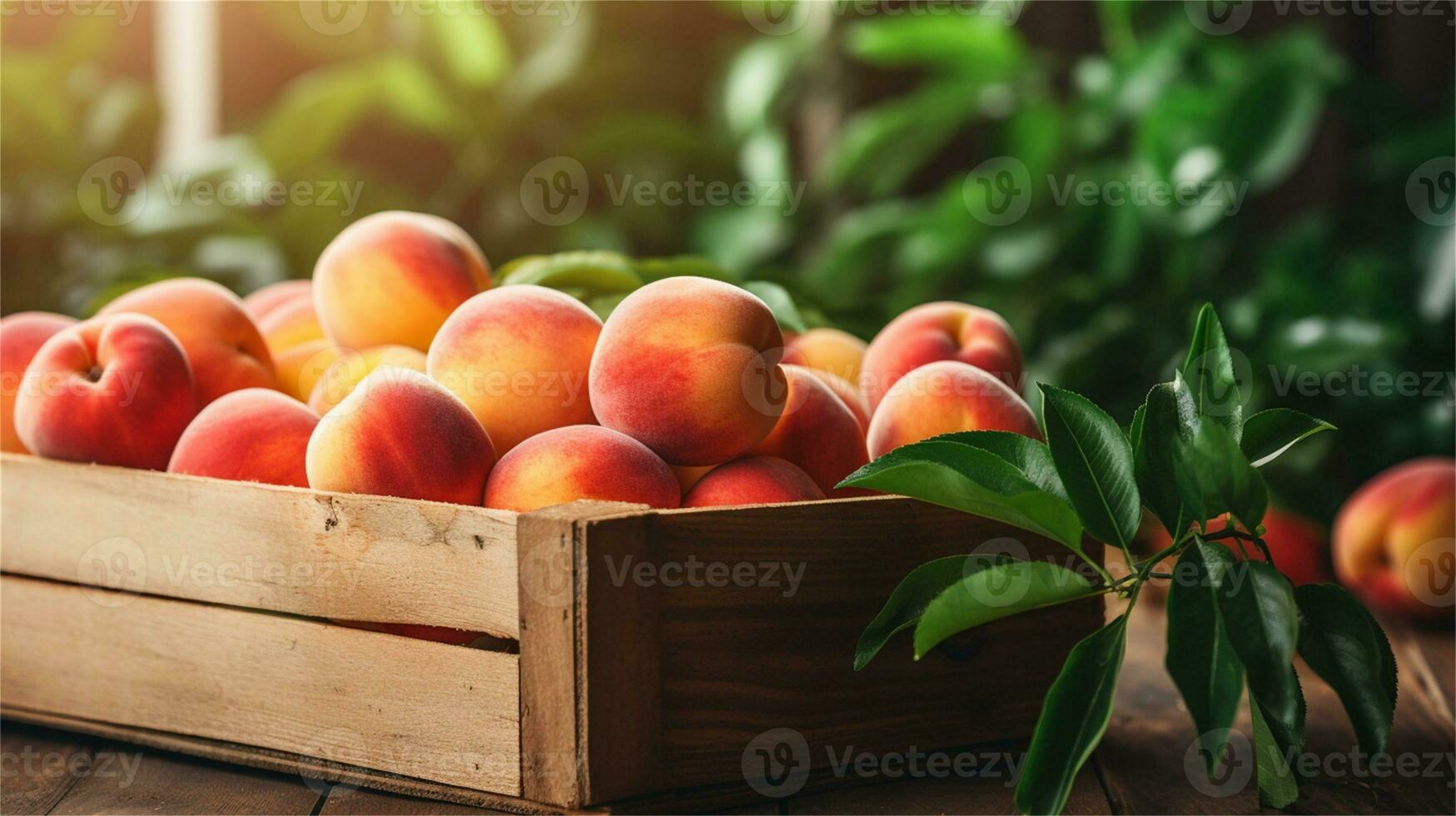 fresh peaches in a wooden box on a table AI Generative photo